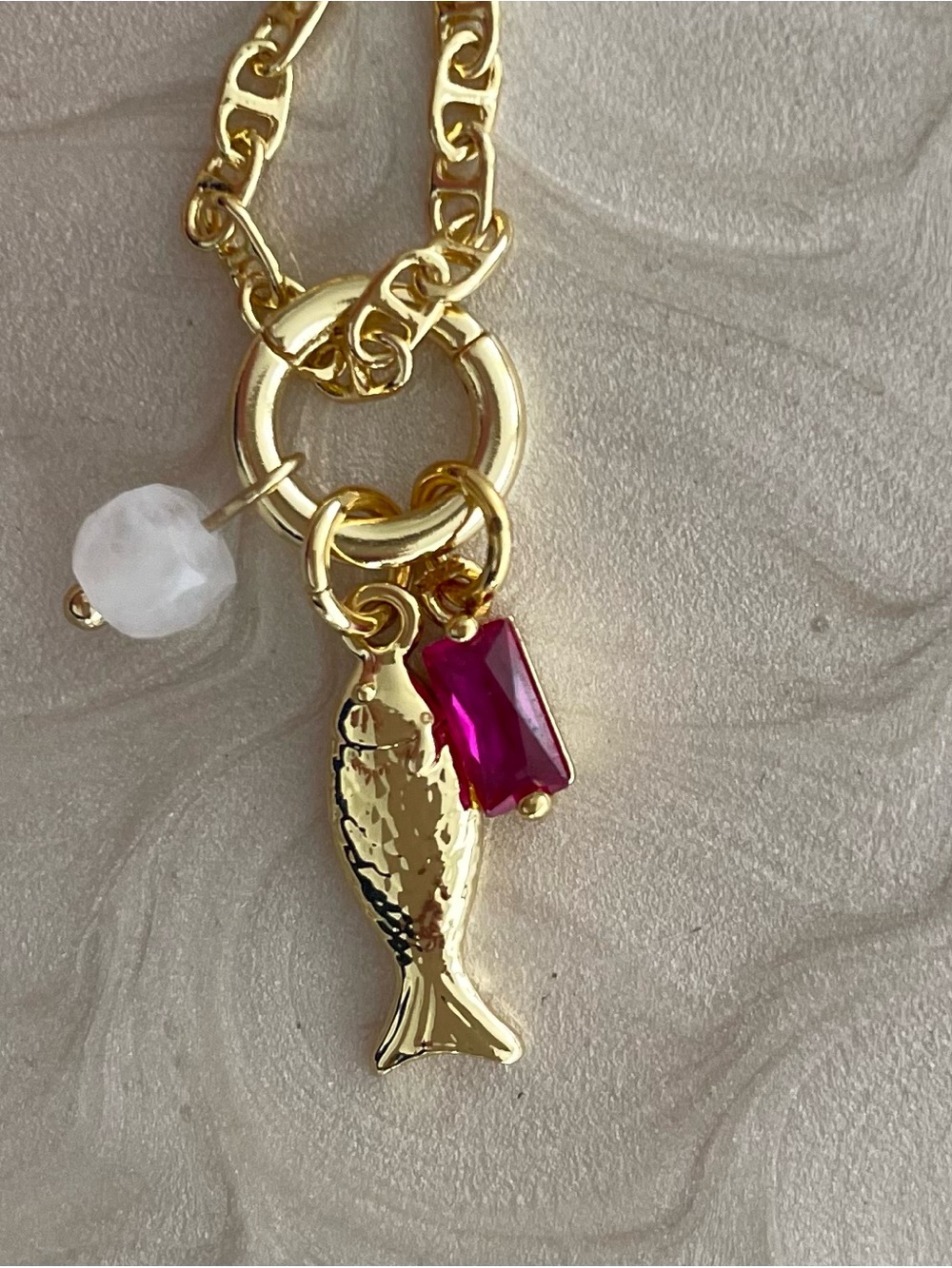 14K Gold Plated Fish Charm Necklace with Pink Crystal and Rose Quarts